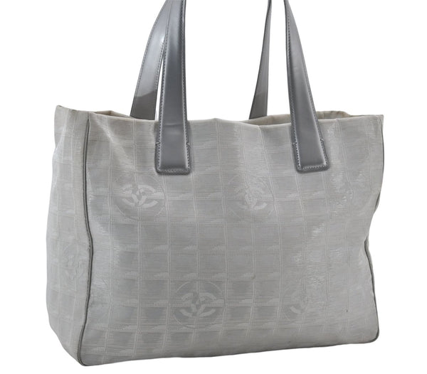 Authentic CHANEL New Travel Line Shoulder Tote Bag Nylon Leather Silver 2962E