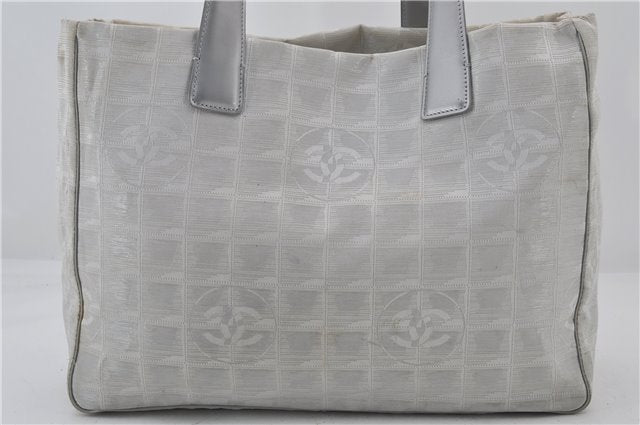 Authentic CHANEL New Travel Line Shoulder Tote Bag Nylon Leather Silver 2962E