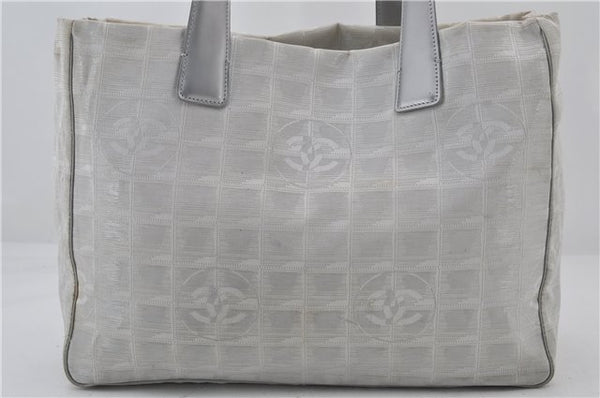Authentic CHANEL New Travel Line Shoulder Tote Bag Nylon Leather Silver 2962E