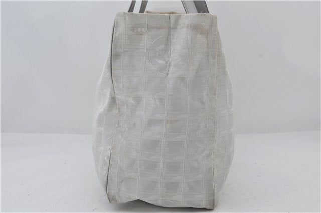 Authentic CHANEL New Travel Line Shoulder Tote Bag Nylon Leather Silver 2962E