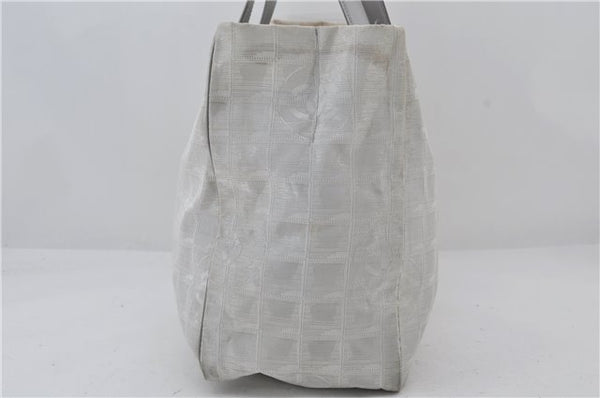 Authentic CHANEL New Travel Line Shoulder Tote Bag Nylon Leather Silver 2962E