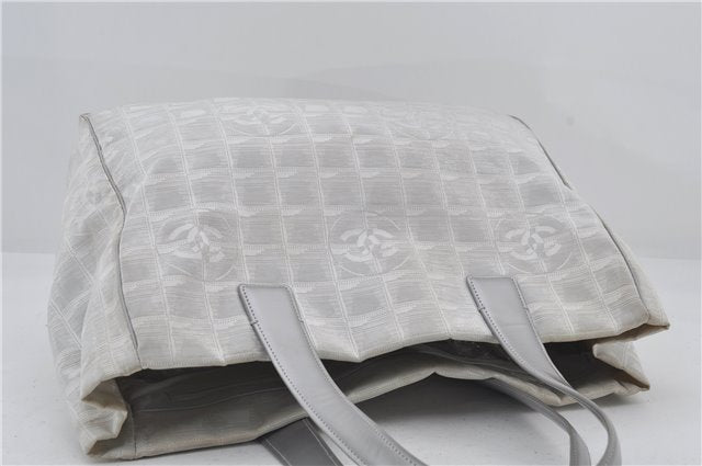 Authentic CHANEL New Travel Line Shoulder Tote Bag Nylon Leather Silver 2962E