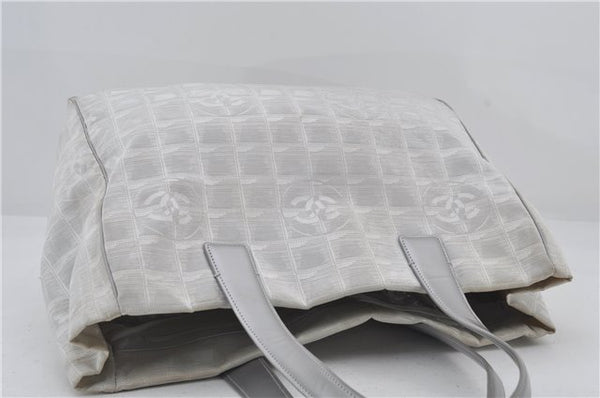 Authentic CHANEL New Travel Line Shoulder Tote Bag Nylon Leather Silver 2962E