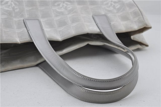 Authentic CHANEL New Travel Line Shoulder Tote Bag Nylon Leather Silver 2962E