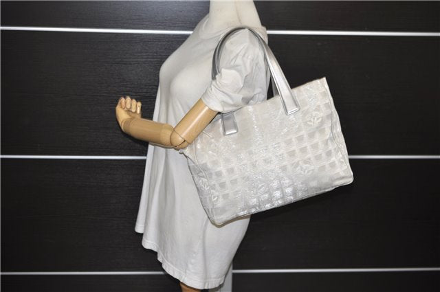 Authentic CHANEL New Travel Line Shoulder Tote Bag Nylon Leather Silver 2962E
