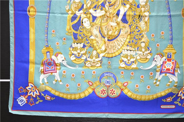 Authentic HERMES Carre 90 Scarf "India" Silk Green 2968D