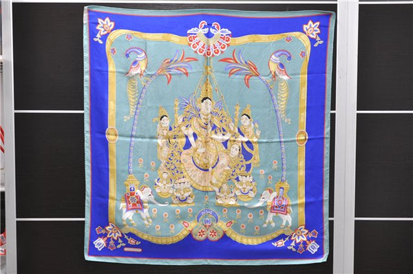 Authentic HERMES Carre 90 Scarf "India" Silk Green 2968D