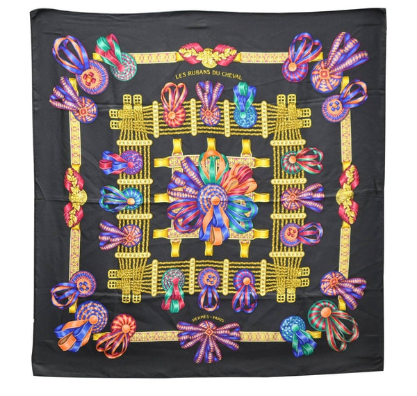 Authentic HERMES Carre 90 Scarf "LES RUBANS DU CHEVAL" Silk Black 2971D