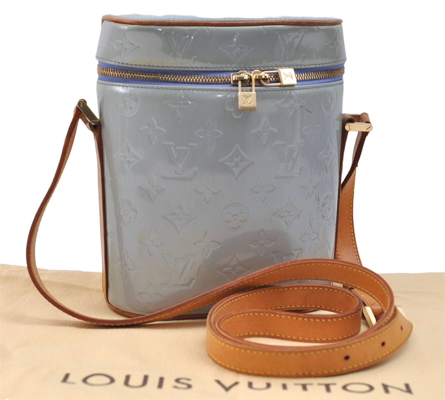 Authentic Louis Vuitton Vernis Sullivan Vertical Shoulder Cross Bag Blue 2973E