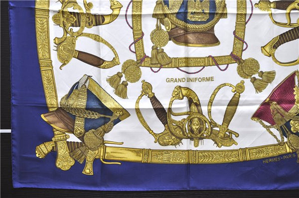 Authentic HERMES Carre 90 Scarf "GRAND UNIFORME" Silk Blue 2975D