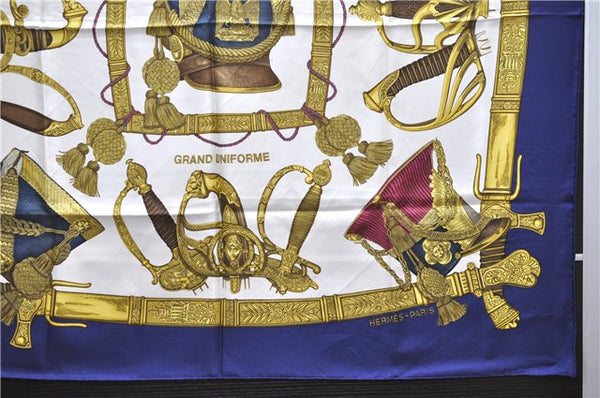 Authentic HERMES Carre 90 Scarf "GRAND UNIFORME" Silk Blue 2975D