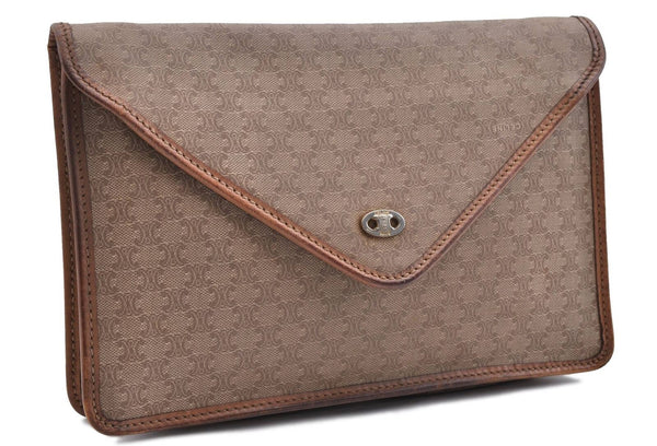 Authentic CELINE Macadam Blason Pattern Clutch Bag PVC Leather Beige Brown 2977C