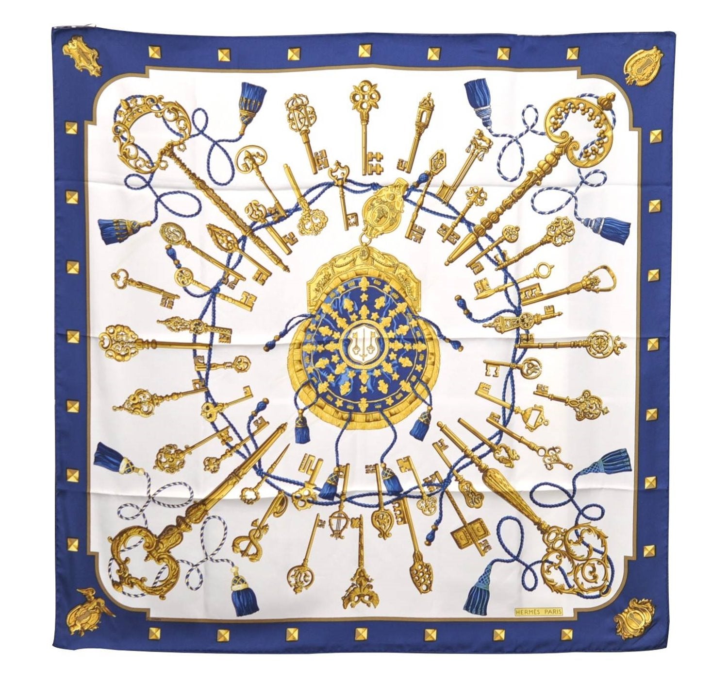 Authentic HERMES Carre 90 Scarf Key Tassel Motif Silk Navy 2979D