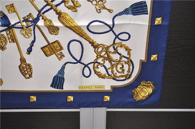 Authentic HERMES Carre 90 Scarf Key Tassel Motif Silk Navy 2979D