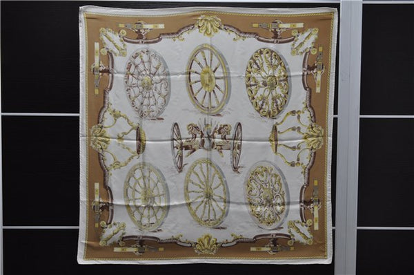 Authentic HERMES Carre 90 Scarf "Roues de Canon" Silk Ivory 2980D