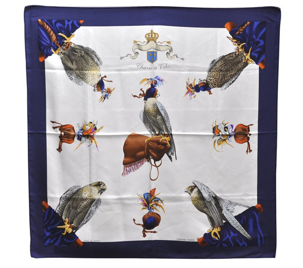 Authentic HERMES Carre 90 Scarf "Chasse a VOL" Silk Blue 2981D