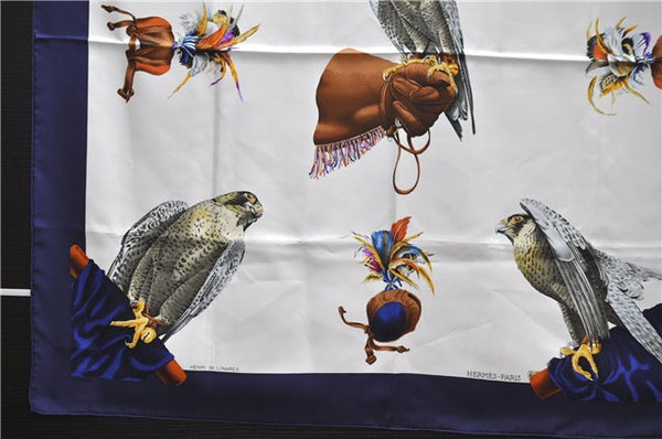 Authentic HERMES Carre 90 Scarf "Chasse a VOL" Silk Blue 2981D