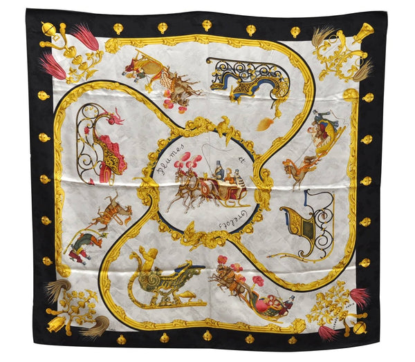 Authentic HERMES Carre 90 Scarf "Plumes et Grelots" Silk Black 2982D