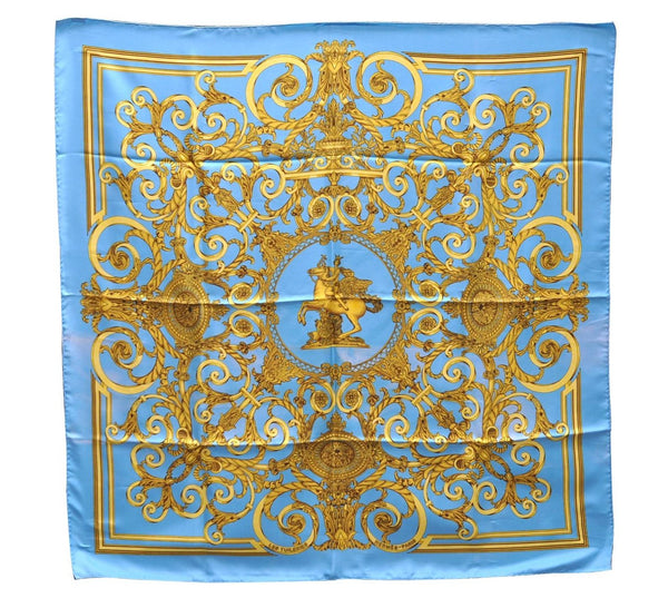 Authentic HERMES Carre 90 Scarf "LES TUILERIES" Silk Light Blue 2983D