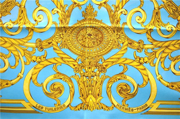 Authentic HERMES Carre 90 Scarf "LES TUILERIES" Silk Light Blue 2983D