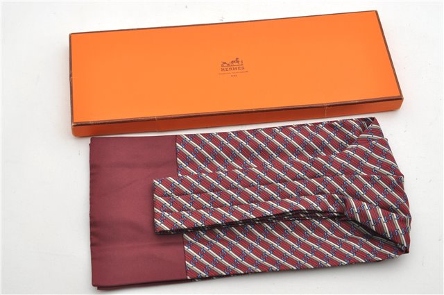 Authentic HERMES Ascot Tie Necktie Chain Pattern Silk Purple Box 2989E