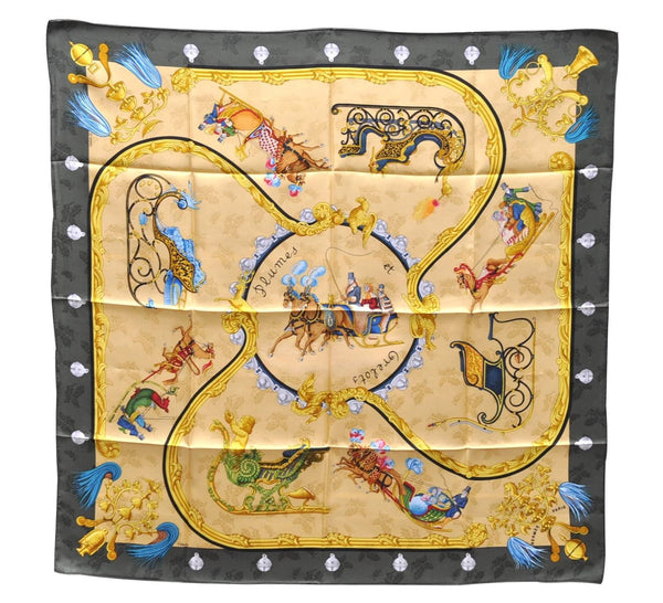 Authentic HERMES Carre 90 Scarf "Plumes et Grelots" Silk Green 2991D