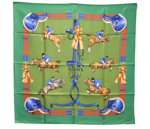 Authentic HERMES Carre 90 Scarf "JUMPING" Silk Green 2992D