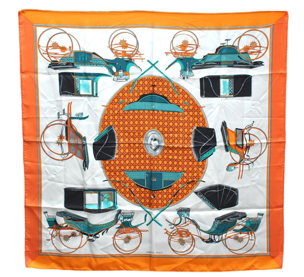 Authentic HERMES Carre 90 Scarf "LES VOITURES" Silk Orange 2993E