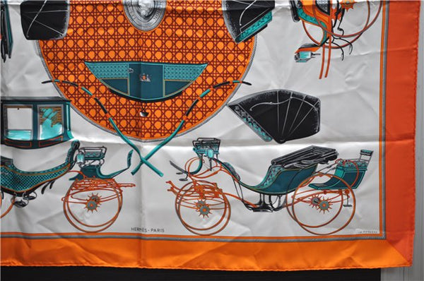 Authentic HERMES Carre 90 Scarf "LES VOITURES" Silk Orange 2993E