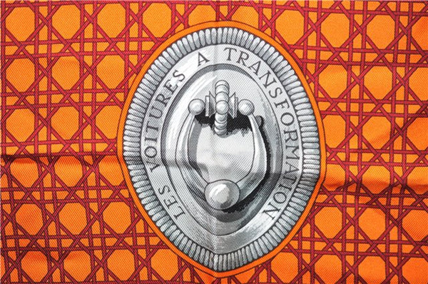 Authentic HERMES Carre 90 Scarf "LES VOITURES" Silk Orange 2993E