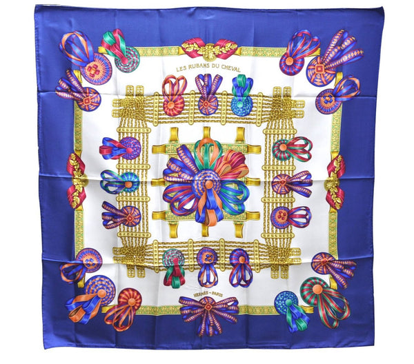 Authentic HERMES Carre 90 Scarf "LES RUBANS DU CHEVAL" Silk Blue 2997D