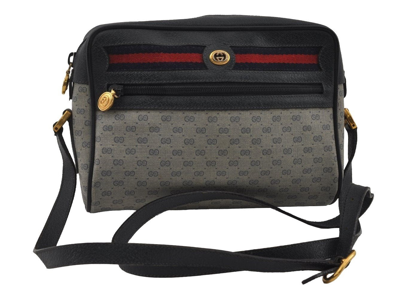 Authentic GUCCI Sherry Line Micro GG Shoulder Bag PVC Leather Navy Junk 2999I