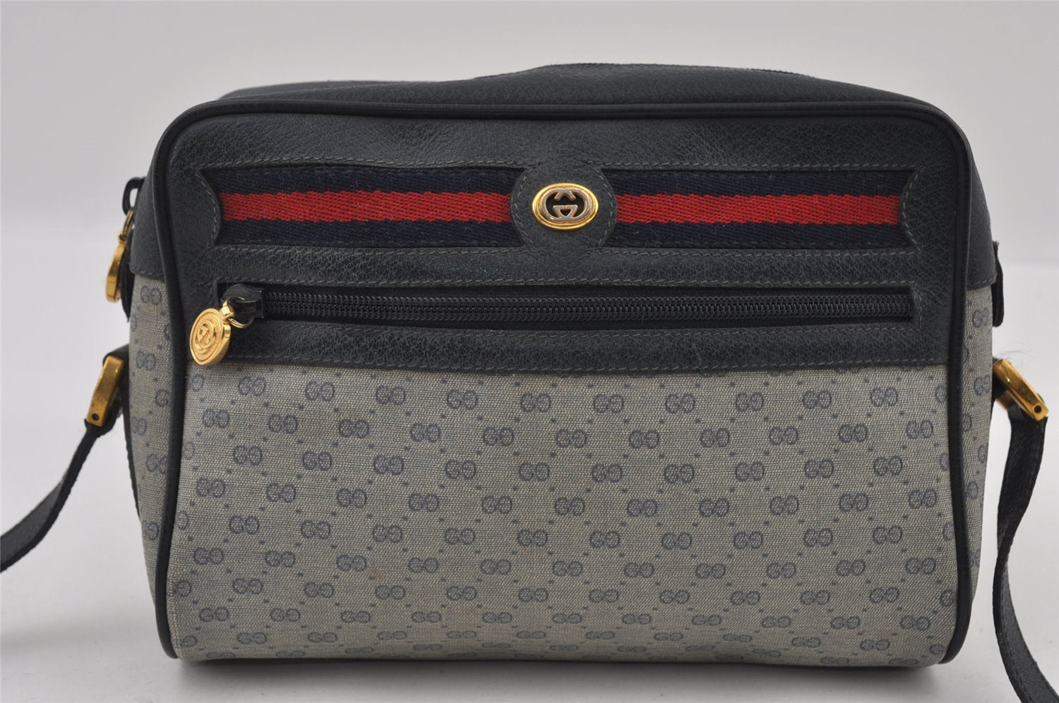Authentic GUCCI Sherry Line Micro GG Shoulder Bag PVC Leather Navy Junk 2999I
