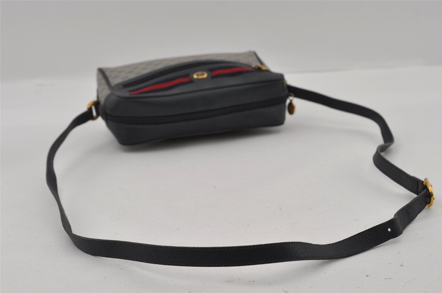 Authentic GUCCI Sherry Line Micro GG Shoulder Bag PVC Leather Navy Junk 2999I