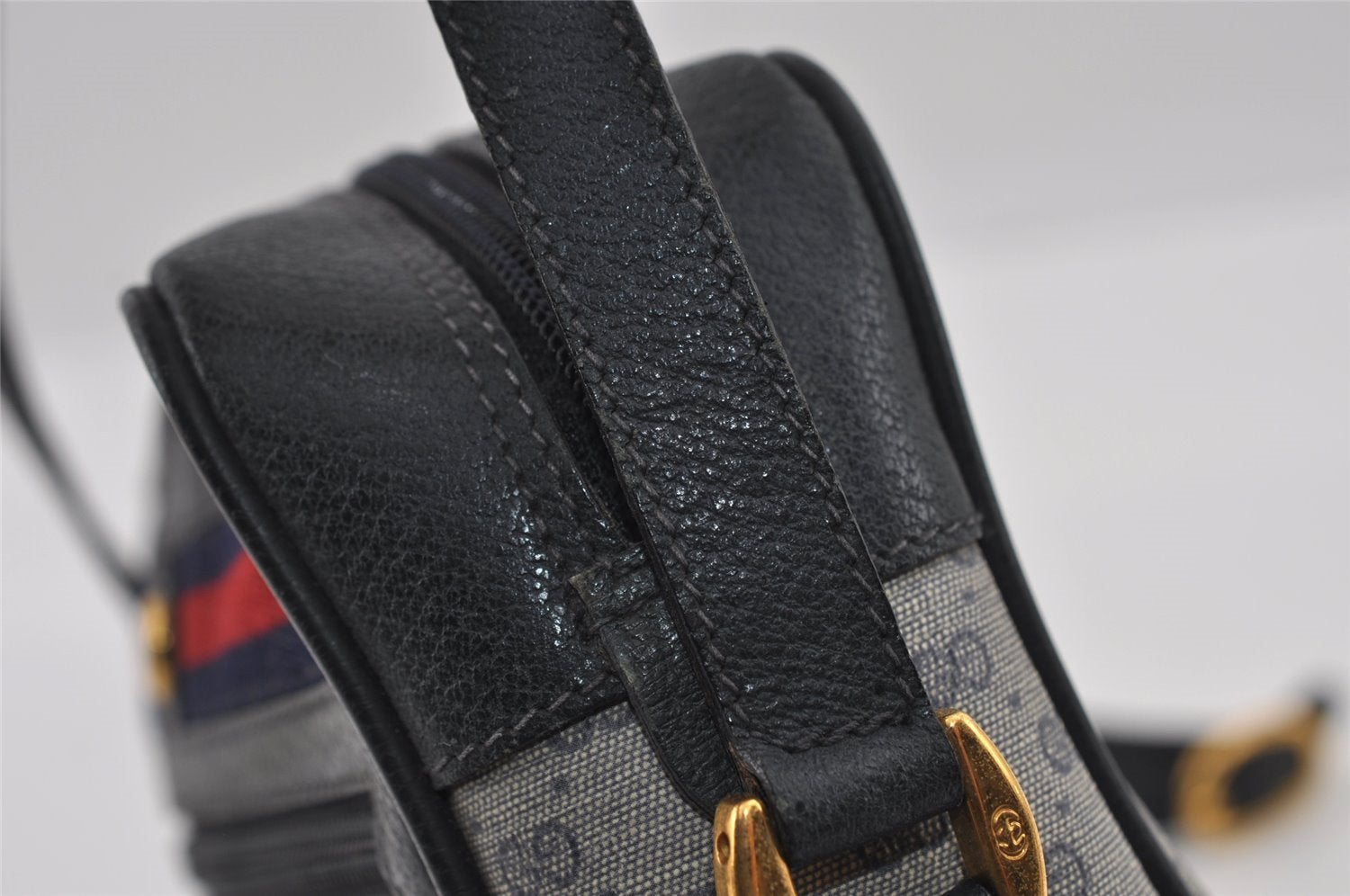 Authentic GUCCI Sherry Line Micro GG Shoulder Bag PVC Leather Navy Junk 2999I