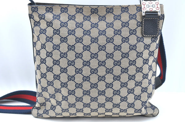 Authentic GUCCI Sherry Line Shoulder Bag GG Canvas Leather 145809 Navy 3000H