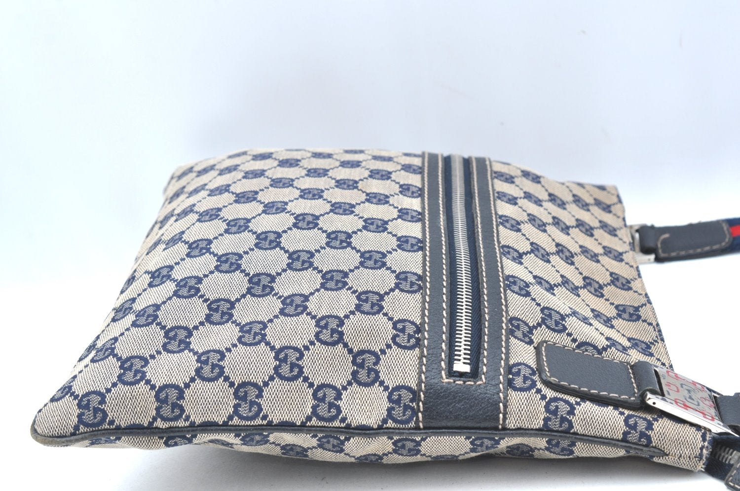 Authentic GUCCI Sherry Line Shoulder Bag GG Canvas Leather 145809 Navy 3000H