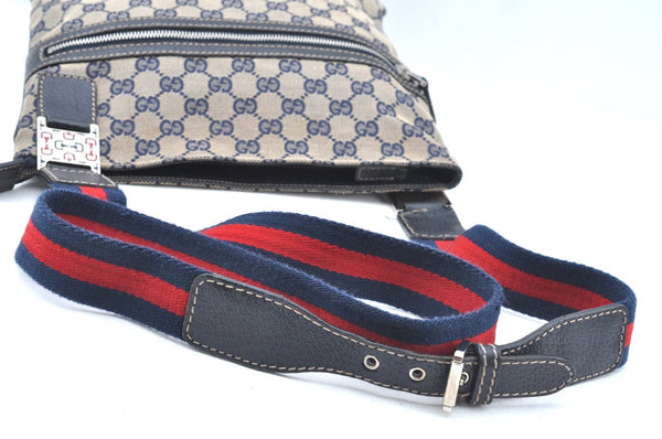 Authentic GUCCI Sherry Line Shoulder Bag GG Canvas Leather 145809 Navy 3000H