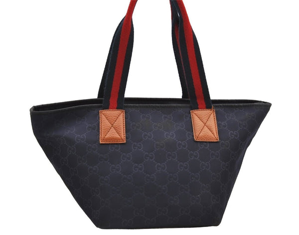 Authentic GUCCI Sherry Line Shoulder Tote Bag GG Nylon Leather 374433 Navy 3000I