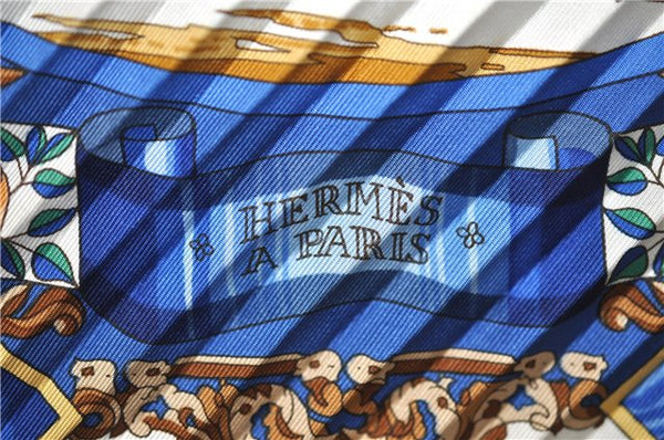 Authentic HERMES Pleats Scarf "L'ENTENTE CORDIALE" Silk Blue 3001E