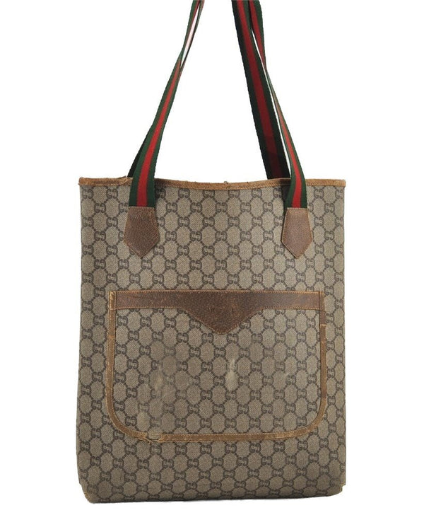 Authentic GUCCI Web Sherry Line GG Plus Tote Bag PVC Leather Brown 3001I