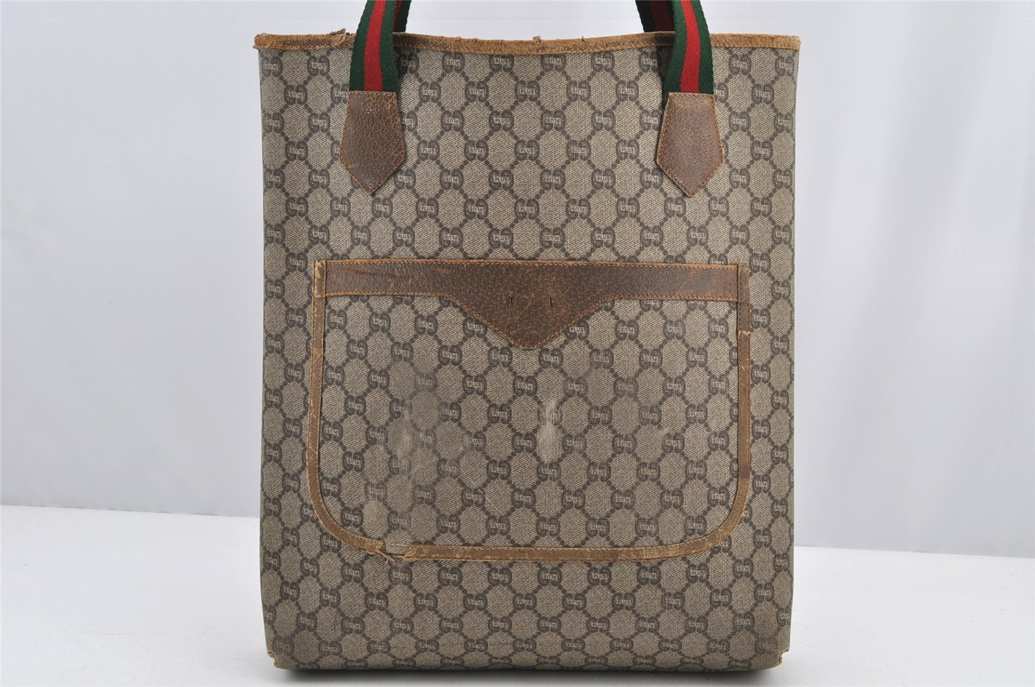 Authentic GUCCI Web Sherry Line GG Plus Tote Bag PVC Leather Brown 3001I