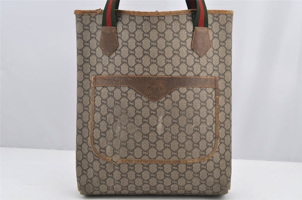 Authentic GUCCI Web Sherry Line GG Plus Tote Bag PVC Leather Brown 3001I