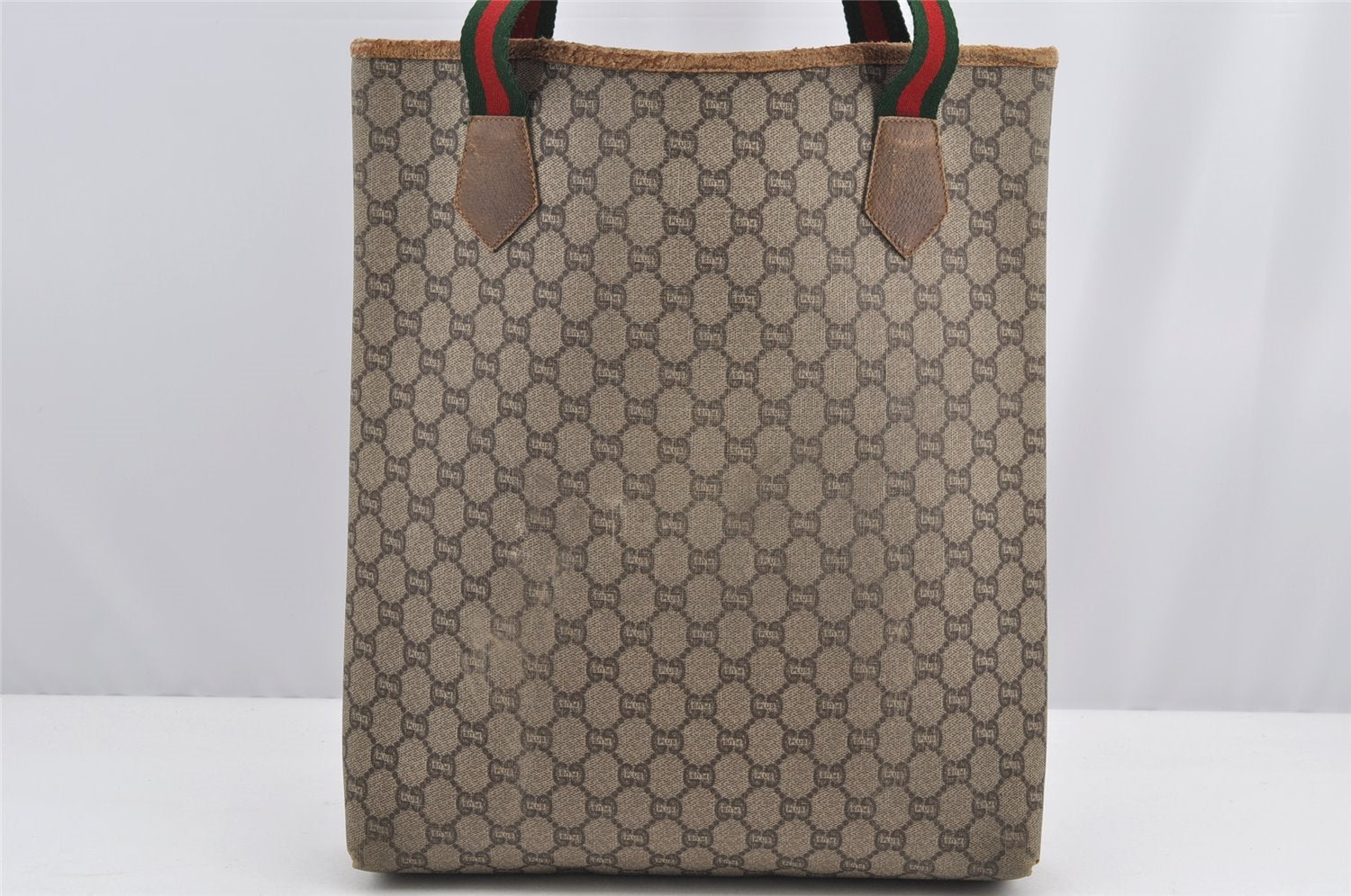 Authentic GUCCI Web Sherry Line GG Plus Tote Bag PVC Leather Brown 3001I