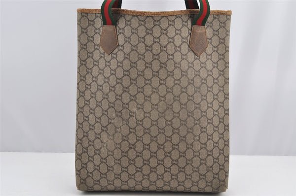 Authentic GUCCI Web Sherry Line GG Plus Tote Bag PVC Leather Brown 3001I