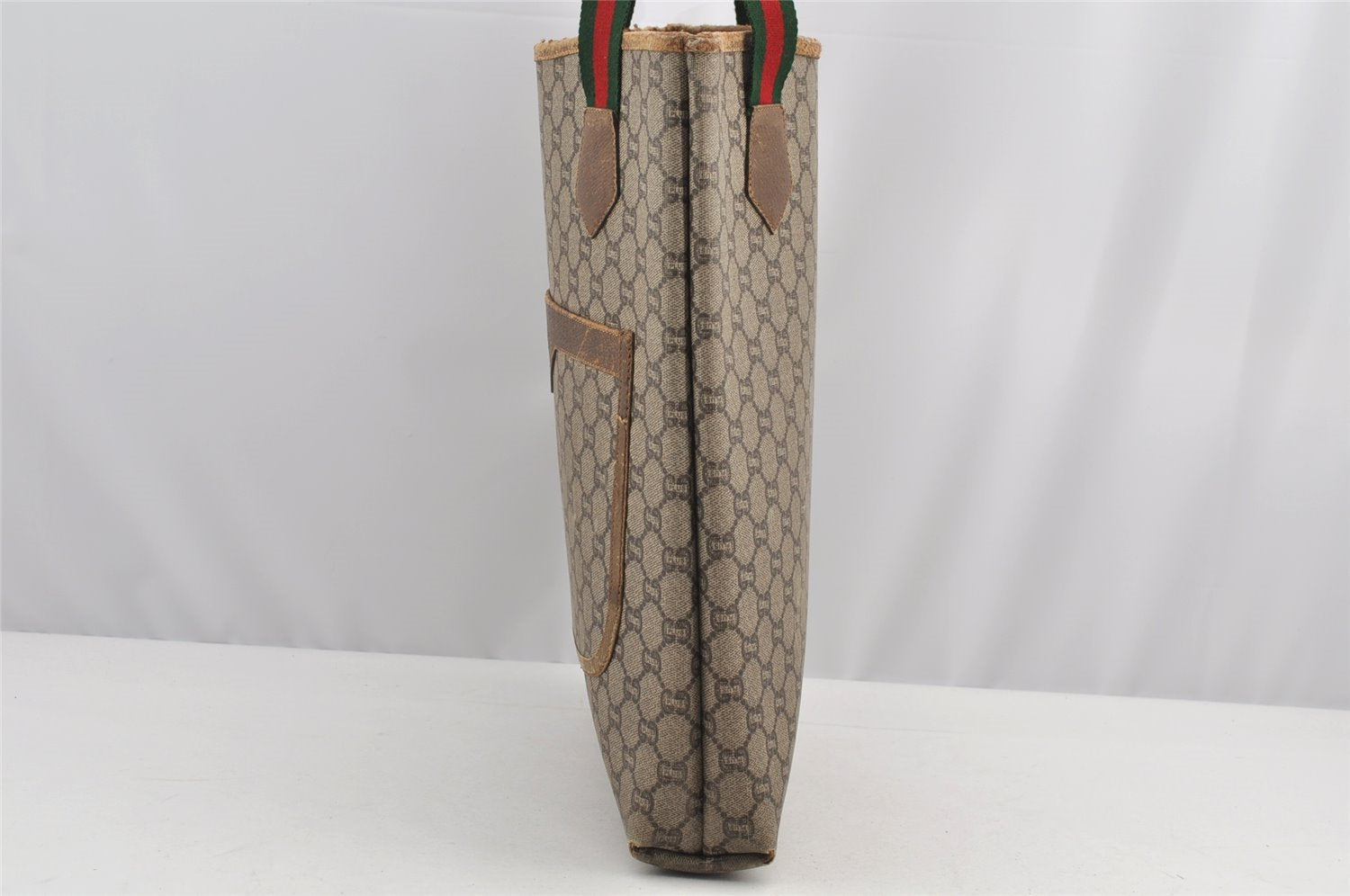 Authentic GUCCI Web Sherry Line GG Plus Tote Bag PVC Leather Brown 3001I