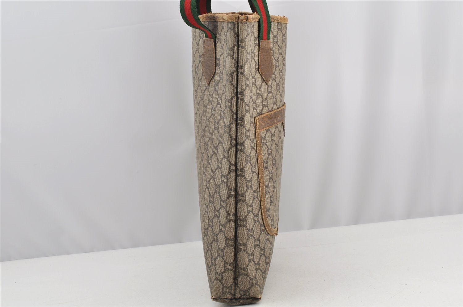 Authentic GUCCI Web Sherry Line GG Plus Tote Bag PVC Leather Brown 3001I