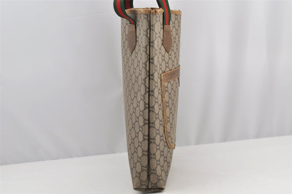Authentic GUCCI Web Sherry Line GG Plus Tote Bag PVC Leather Brown 3001I
