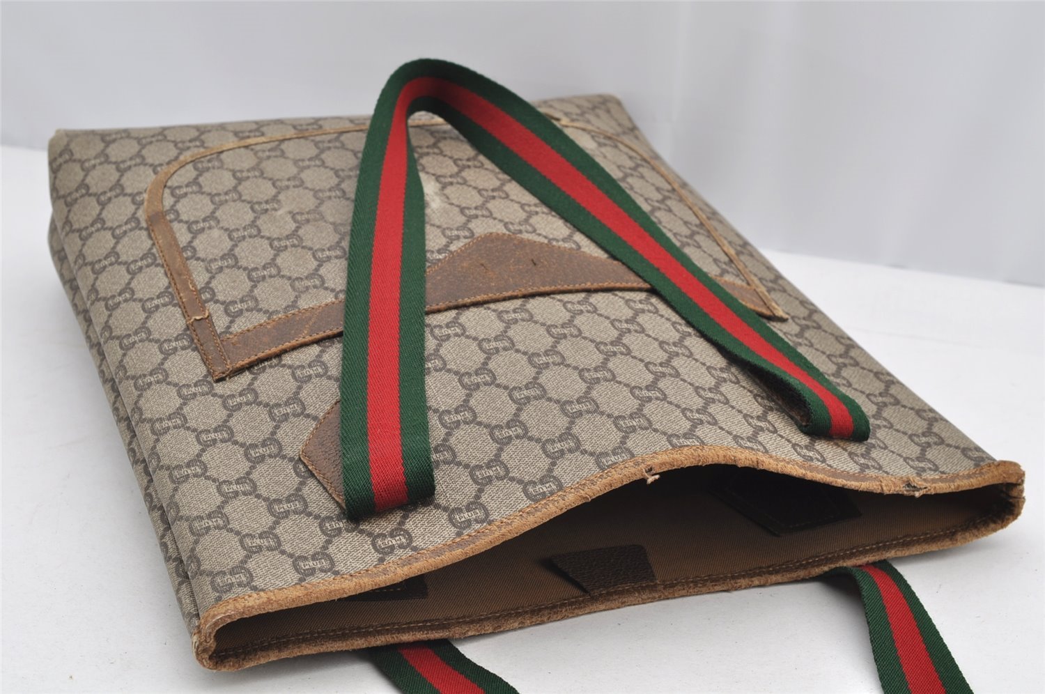 Authentic GUCCI Web Sherry Line GG Plus Tote Bag PVC Leather Brown 3001I