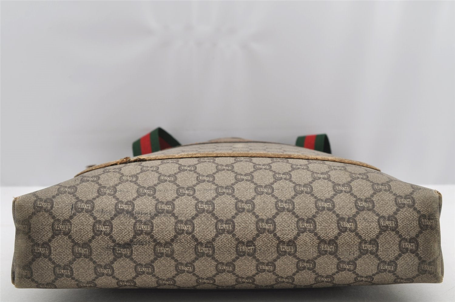Authentic GUCCI Web Sherry Line GG Plus Tote Bag PVC Leather Brown 3001I